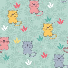 babies hand drawn seamless pattern with cats