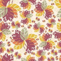 Beautiful floral seamless pattern. Autumn. Flowers. Bright leaves. Retro pattern