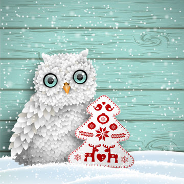 Cute white owl sitting in snow in front of blue wooden wall, winter holiday theme, illustration