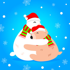 Greeting card with hugging bear on snow background. vector illustration. Great for special event.