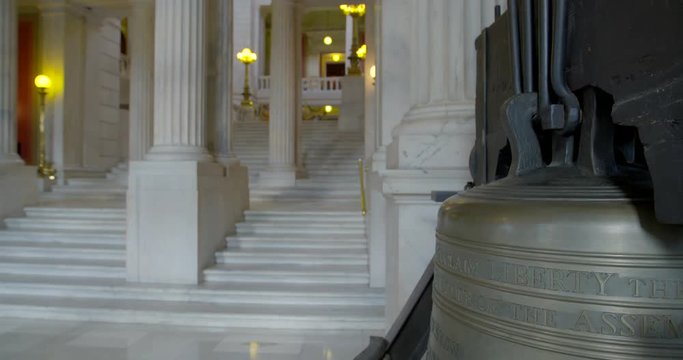 View of city hall stairs with historic bell