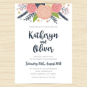 Wedding invitation card with hand drawn wreath flower template. Vector illustration.
