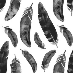 Seamless pattern with black watercolor feathers. Ethnic realistic illustration