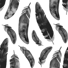 Behang Naadloze patroon met zwarte aquarel veren. Etnische realistische afbeelding © Natali_Mias