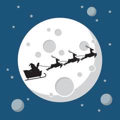 Naklejka premium Santa Claus and his reindeer sleigh in silhouette against moon