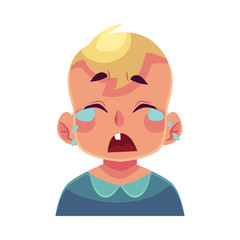Little boy face, crying facial expression, cartoon vector illustrations isolated on white background. Blond male kid emoji face crying, shedding tears, sad, heart broken, in grief.
