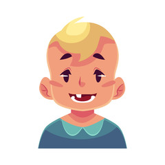 Little boy face expression, smiling facial expression, cartoon vector illustrations isolated on white background. Blond male kid emoji face smile, white teeth. Happy, glad, smiling face expression