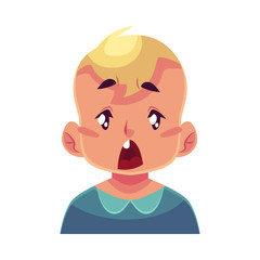 Little boy face, surprised facial expression, cartoon vector illustrations isolated on white background. Blond male kid emoji surprised, shocked, amazed, astonished. Surprised face expression