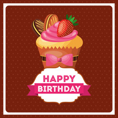 happy birthday celebration card with delicious cake vector illustration design