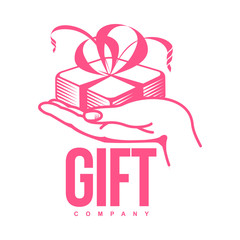 pink and white graphic line art gift box logo templates, vector illustration isolated on white background. Gif box with ribbon and bow, hand offering gift, giving present