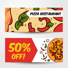 Two horizontal pizza banners with ingredients, colorful sketch style vector templates. Two banner templates with mozzarella and chili, mushroom and olive pizza, sale, flyer design