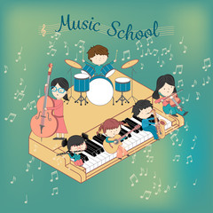 Children music school composition with boys and girls playing many instruments vector illustration set