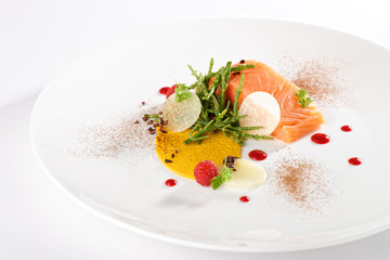 Haute cuisine appetizer, fresh salmon fillet with vegetable