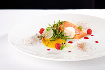 Haute cuisine appetizer, fresh salmon fillet with vegetable