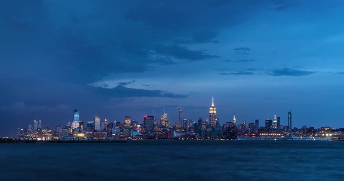 Cityscape time lapse of a summer evening storm and lightning in New York City. View of Manhattan Midtown West skyscrapers, West Village and Hudson River
