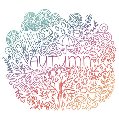 Autumn seasonal postcard. Doodle fall card with word autumn, floral elements, rain cloud and drops, tree fall, branches and leaves, acorn, umbrella, mushrooms, curly lines. Vector illustration.