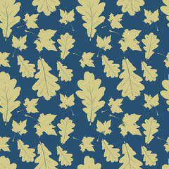 Floral grunge seamless pattern with pale gold, green maple and oak leaves on navy blue. Autumn fall background with realistic foliage, petals for wrapping paper. Vector illustration.