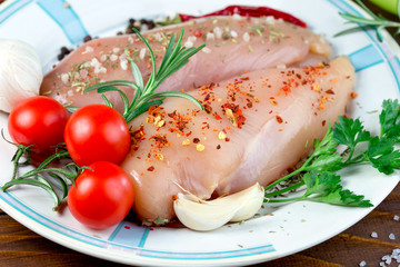 Raw chicken breast with spices ready for baking - delicious meal