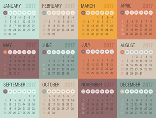 Calendar 2017 year. Week starts from Sunday