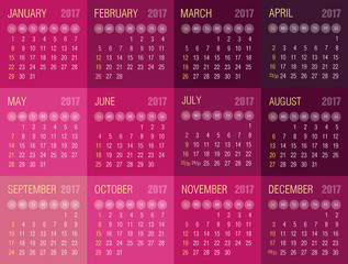 Calendar 2017 year. Week starts from Sunday