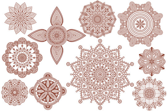 Collection of henna tattoo Hindu ornaments. Vector illustration. 
