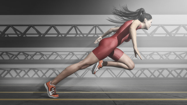 Woman athlete running on track.