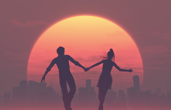 Silhouettes of young romantic couple