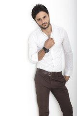 Caucasian man isolated on white background inside studio