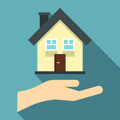 Fototapeta na wymiar Hand holding house icon. Flat illustration of hand holding house vector icon for web isolated on light blue background