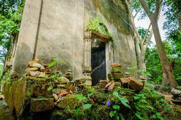 A public ancient old vihara hall left in the forest for hundred years in Wat Somdej temple ,Sangkhaburi,Kanchaburi,Thailand. 