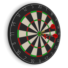 Dart Board with Three Red Darts in Bullseye Isolated on White 3D Illustration