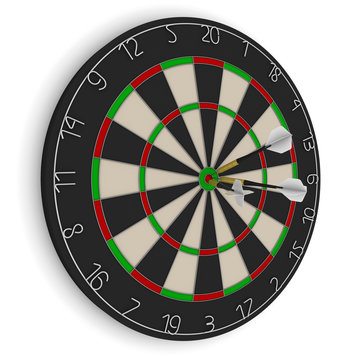 Dart Board with Three White Darts in Bullseye Isolated on White 3D Illustration