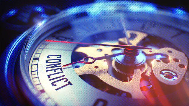 Conflict - Inscription on Pocket Watch. 3D Render.