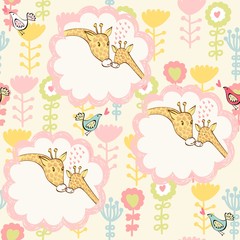 Stylish floral background with cartoon giraffe in light colors.