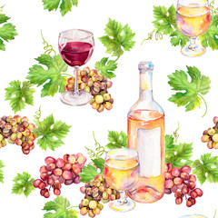 Fototapety  Powtarzający się wzór. Kieliszek do wina, butelka, liście winorośli, jagody winogron. Akwarela.