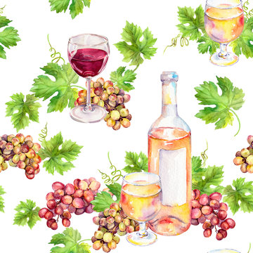 Repeated pattern. Wine glass, bottle, vine leaves, grape berries. Watercolor.