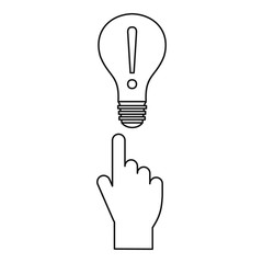 A finger pointer and light bulb with exclamation mark icon. Outline illustration of finger pointer and light bulb icon vector icon for web
