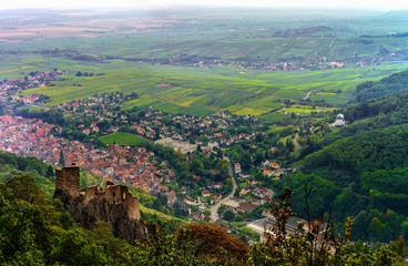 Aerial panoramic tilt-shift view to village Ribeauville from dro