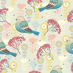 Fototapeta na wymiar Seamless pattern with rowan berries and bird.