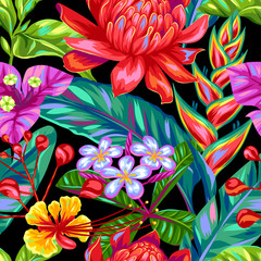 Obrazy na Szkle  Wzór z kwiatami Tajlandii. Tropikalne, wielobarwne rośliny, liście i pąki