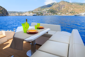 lunch on motor yacht, Table setting at a luxury yacht.