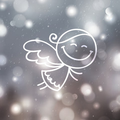 cute hand drawn christmas angel on blurred background, vector illustration for christmas greeting card