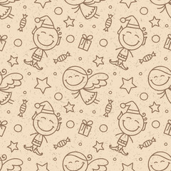 vector christmas seamless pattern with angels and elves