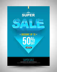 Blue super sale poster discount up to 50 percent with arrow. Vector illustration sale 3D style for promotion adverting layout in A4 size.