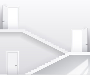 Interior bright white room with stairs and doors. Vector graphics