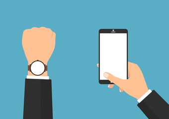 Businessman hand holding a blank screen tablet smartphone with blank screen smart watch blue background. Vector illustration flat design business technology concept. 