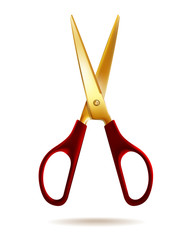 Golden scissors isolated on white background.