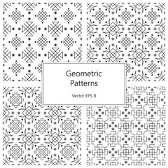 black and white vector set of four minimalistic geometric seamless pattern
