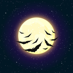 Obraz na płótnie Canvas Yellow moon and flying bats Halloween vector illustration. Spooky dark background.