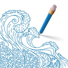 синий карандаш с резинкой на конце рисует узор из синих линий на белом фоне